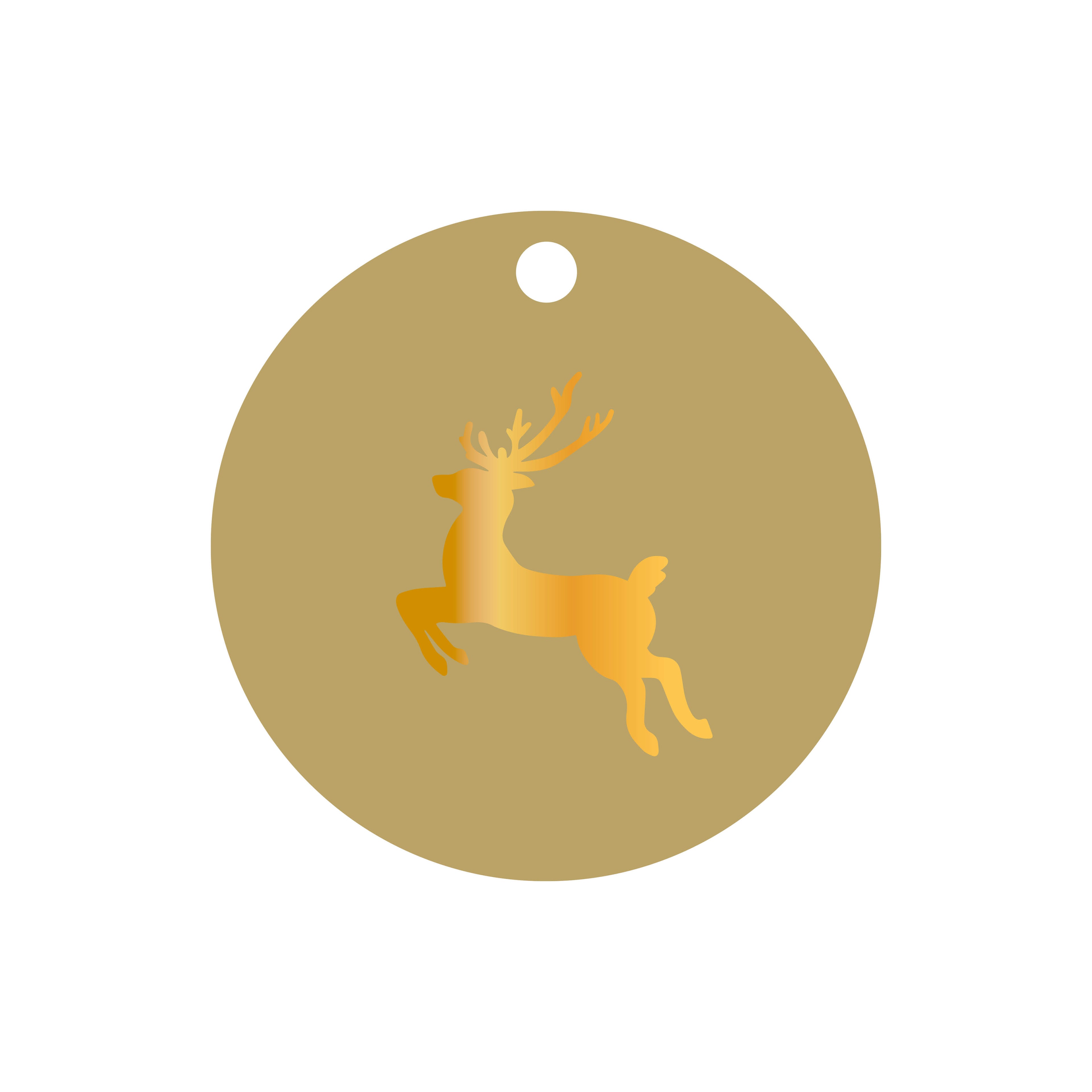 Ronde cadeaulabel in de kleur groen met een illustratie van een rendier in het goudfolie.