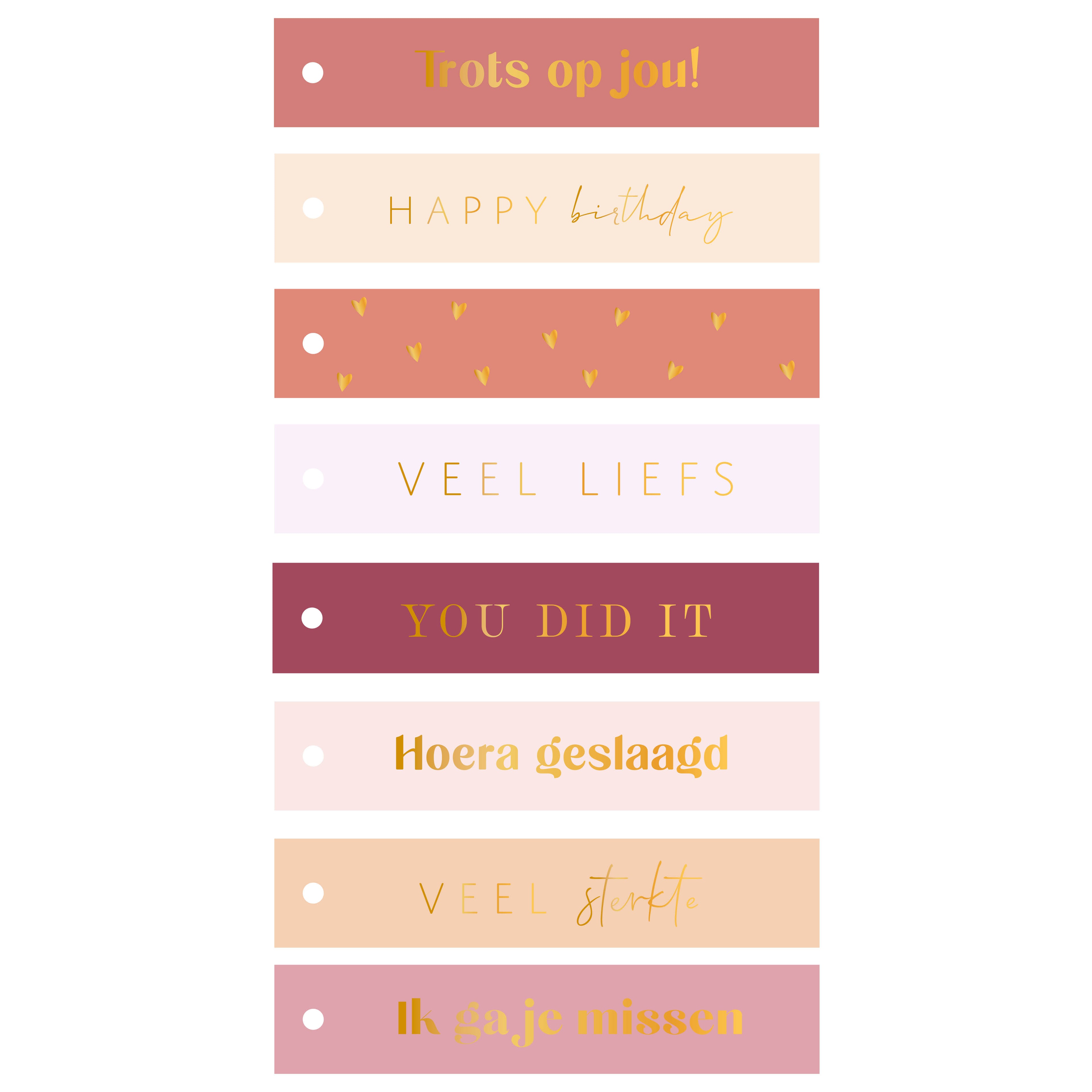 Set met cadeaulabels met verschillende teksten en kleuren.