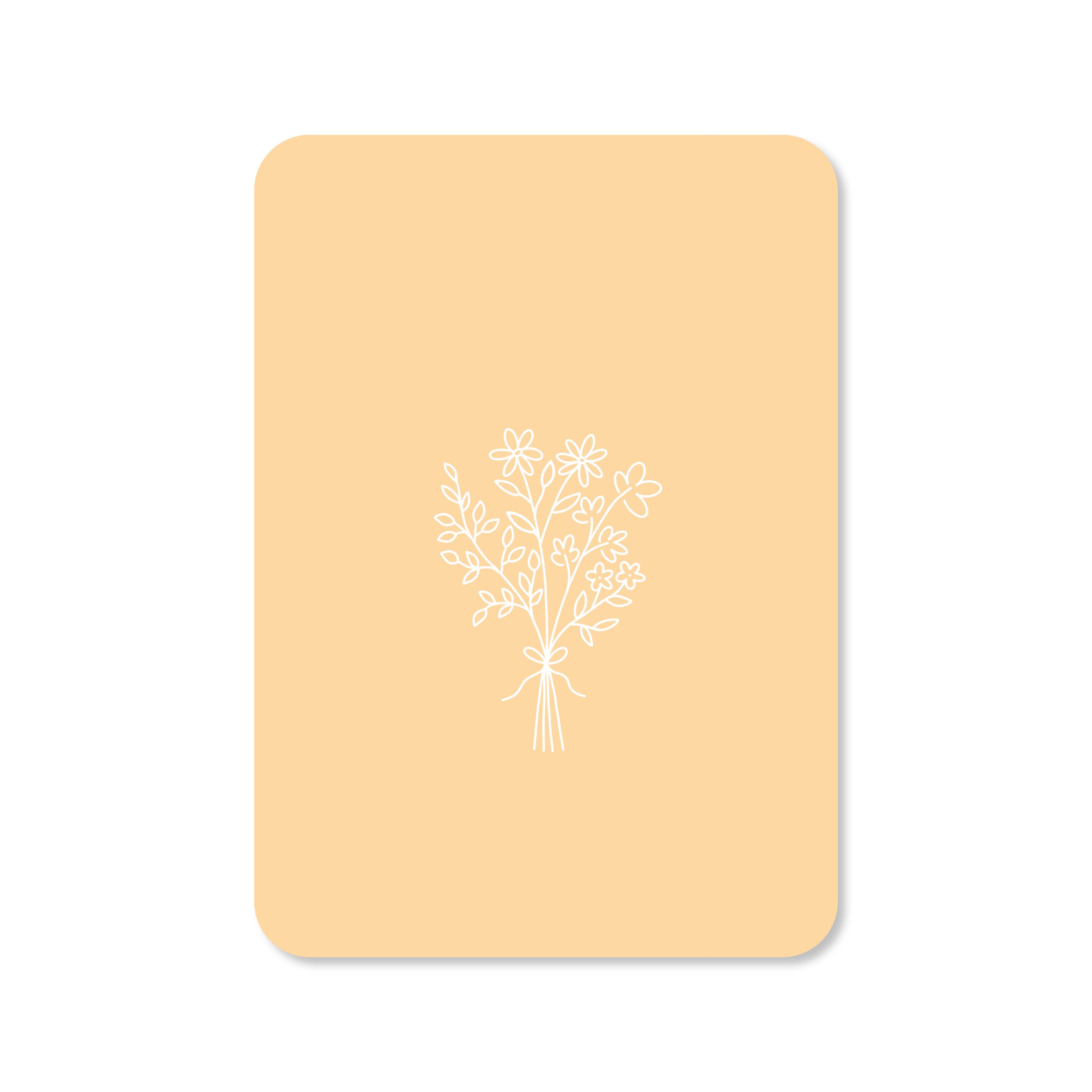 Een gele wenskaart met een illustratie van een bos bloemen.