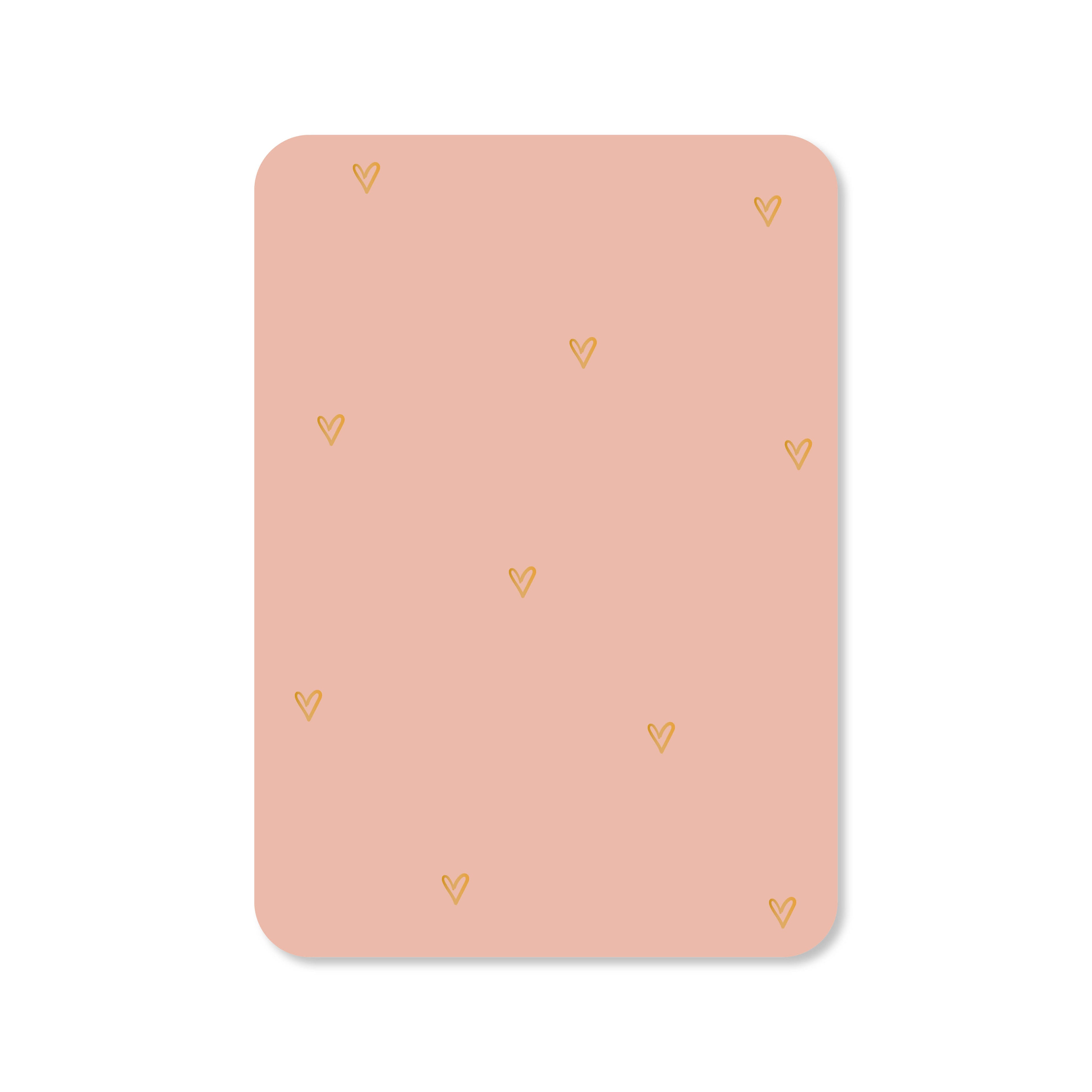 Wenskaart in de kleur roze met de illustratie van hartjes in goudfolie.