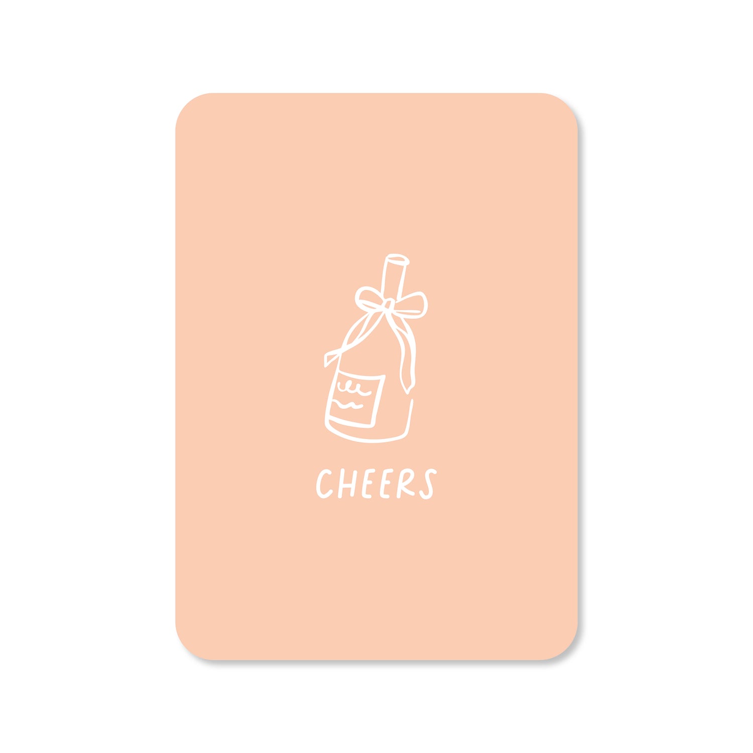 Kaart in de kleur roze met daarop een illustratie van een fles wijn en de tekst &