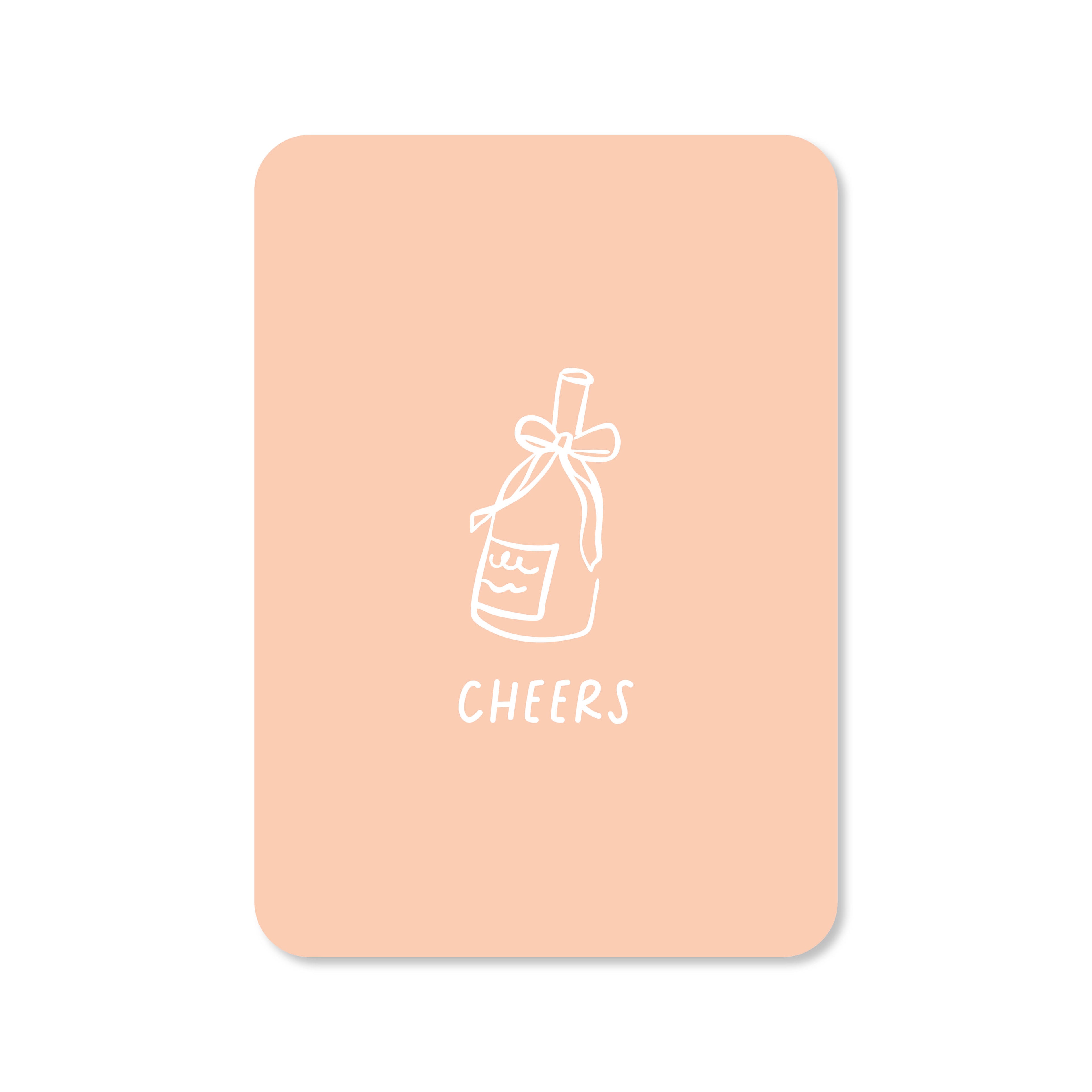 Kaart in de kleur roze met daarop een illustratie van een fles wijn en de tekst &