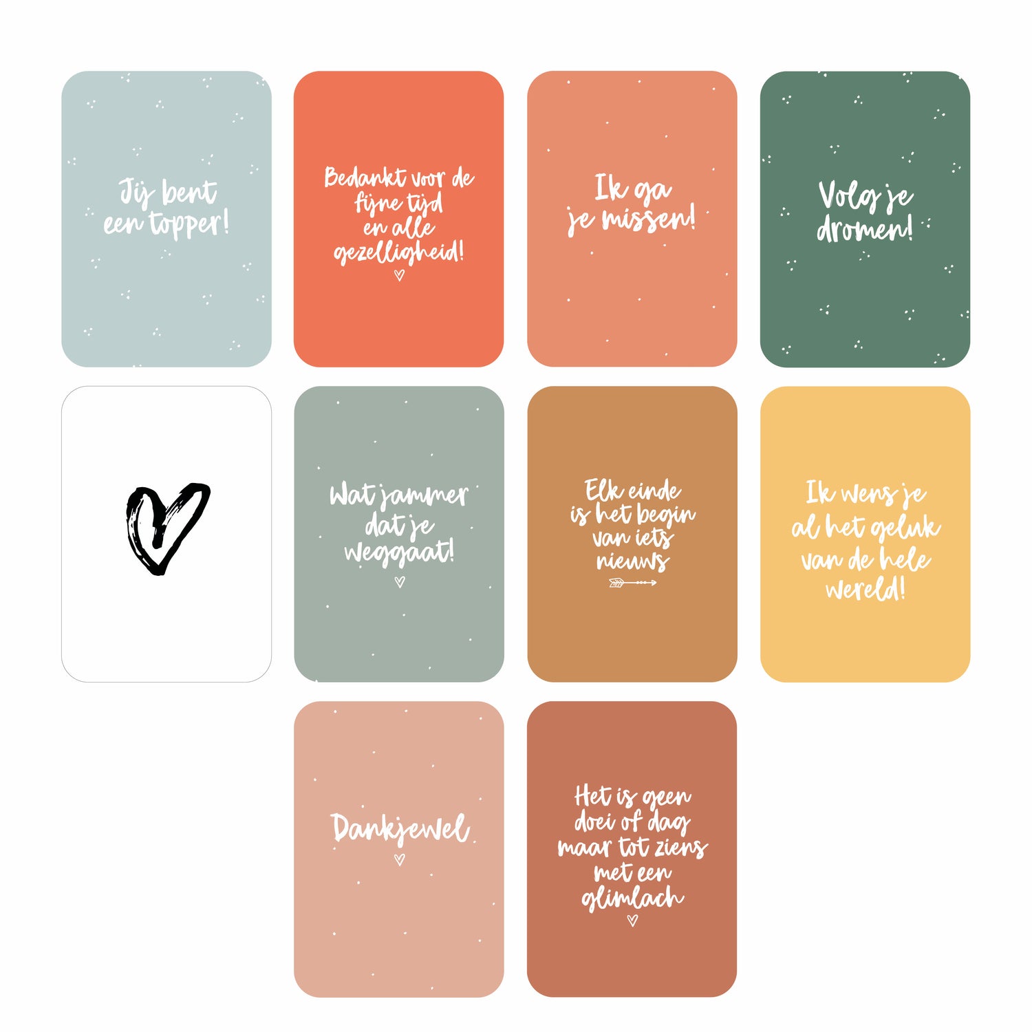 Set met 10 verschillende wenskaarten met verschillende kleuren en teksten in het kader van het afscheid nemen van een collega.