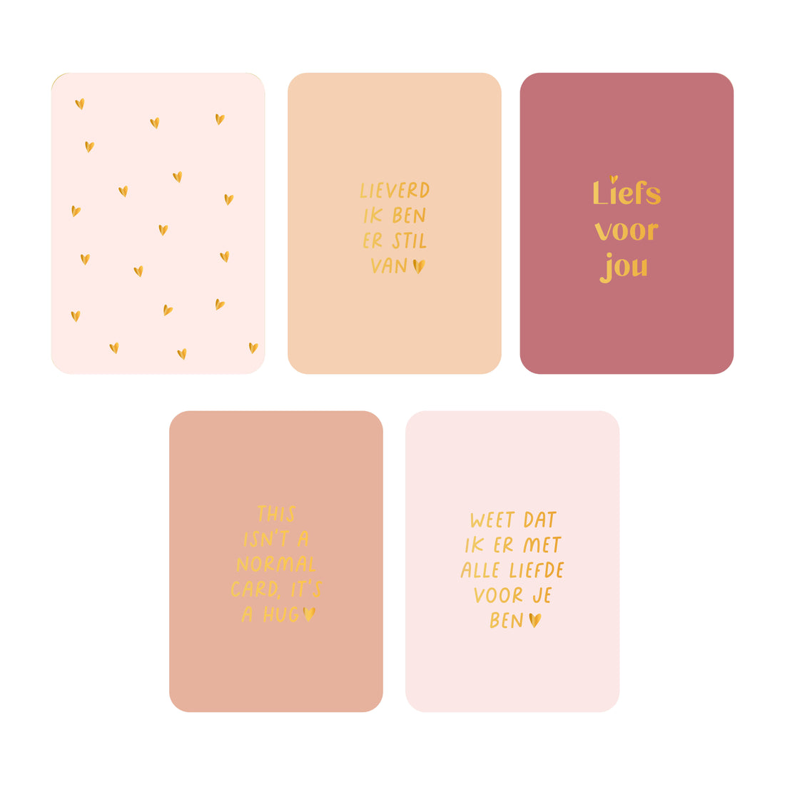 Kaartenset met 5 kaarten en enveloppen met verschillende kleuren en teksten.