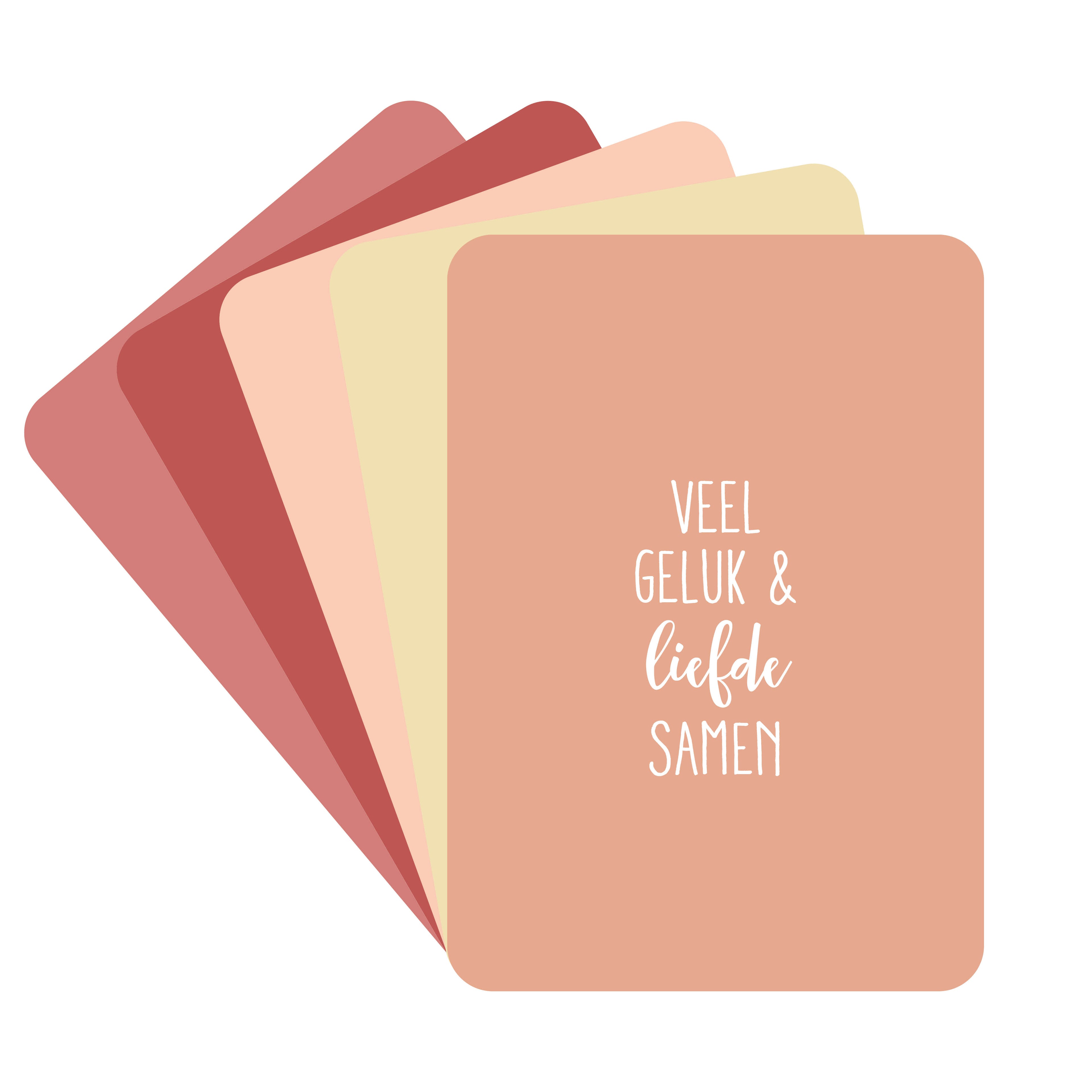 Kaartenset met 5 kaarten en enveloppen met verschillende kleuren en teksten.