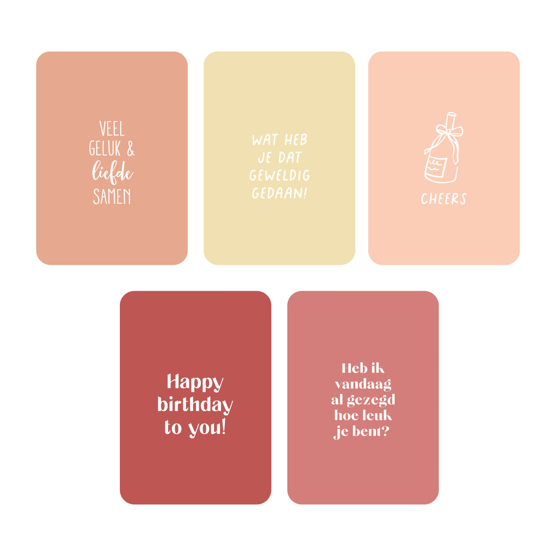 Kaartenset met 5 kaarten en enveloppen met verschillende kleuren en teksten.