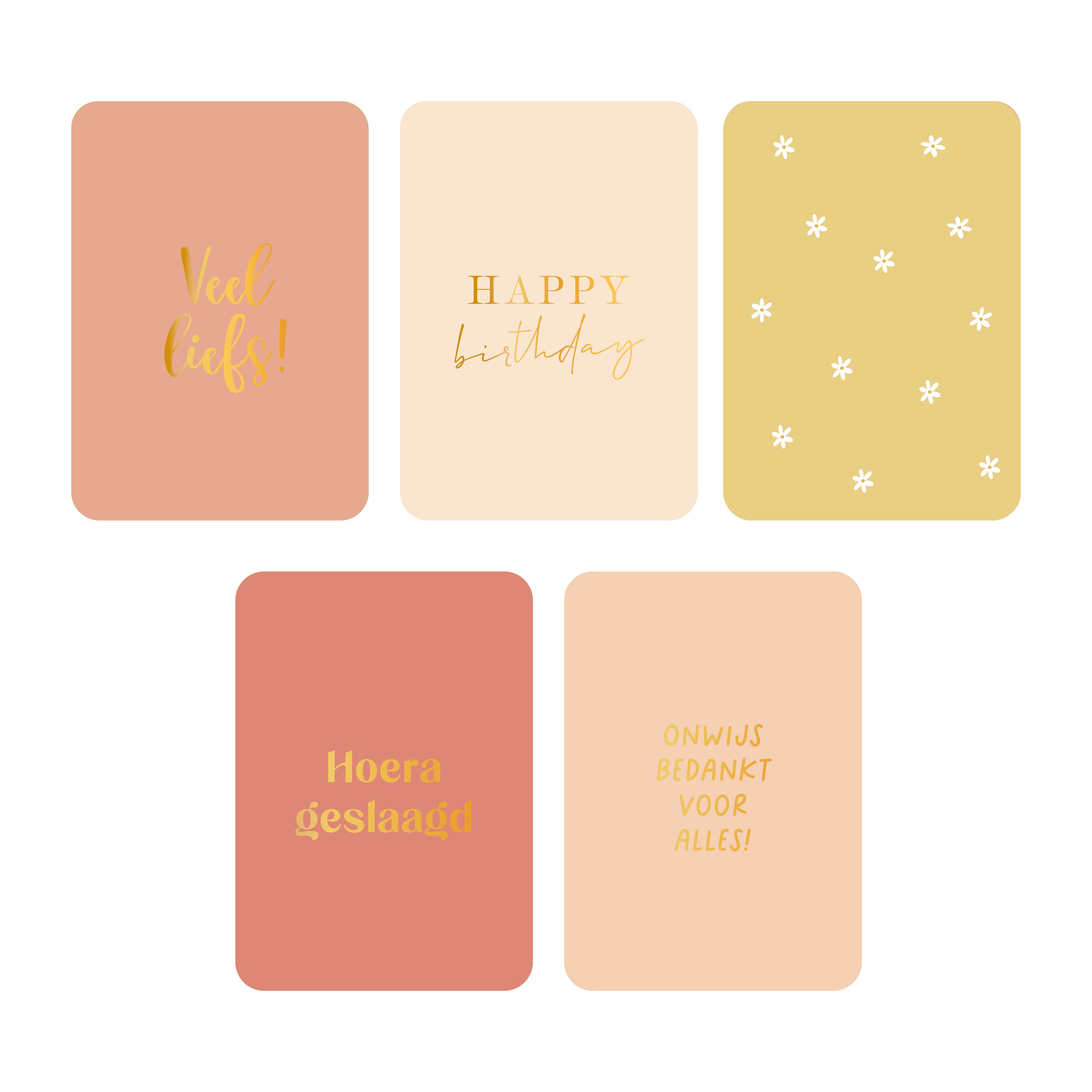 Kaartenset met 5 kaarten en enveloppen met verschillende kleuren en teksten.