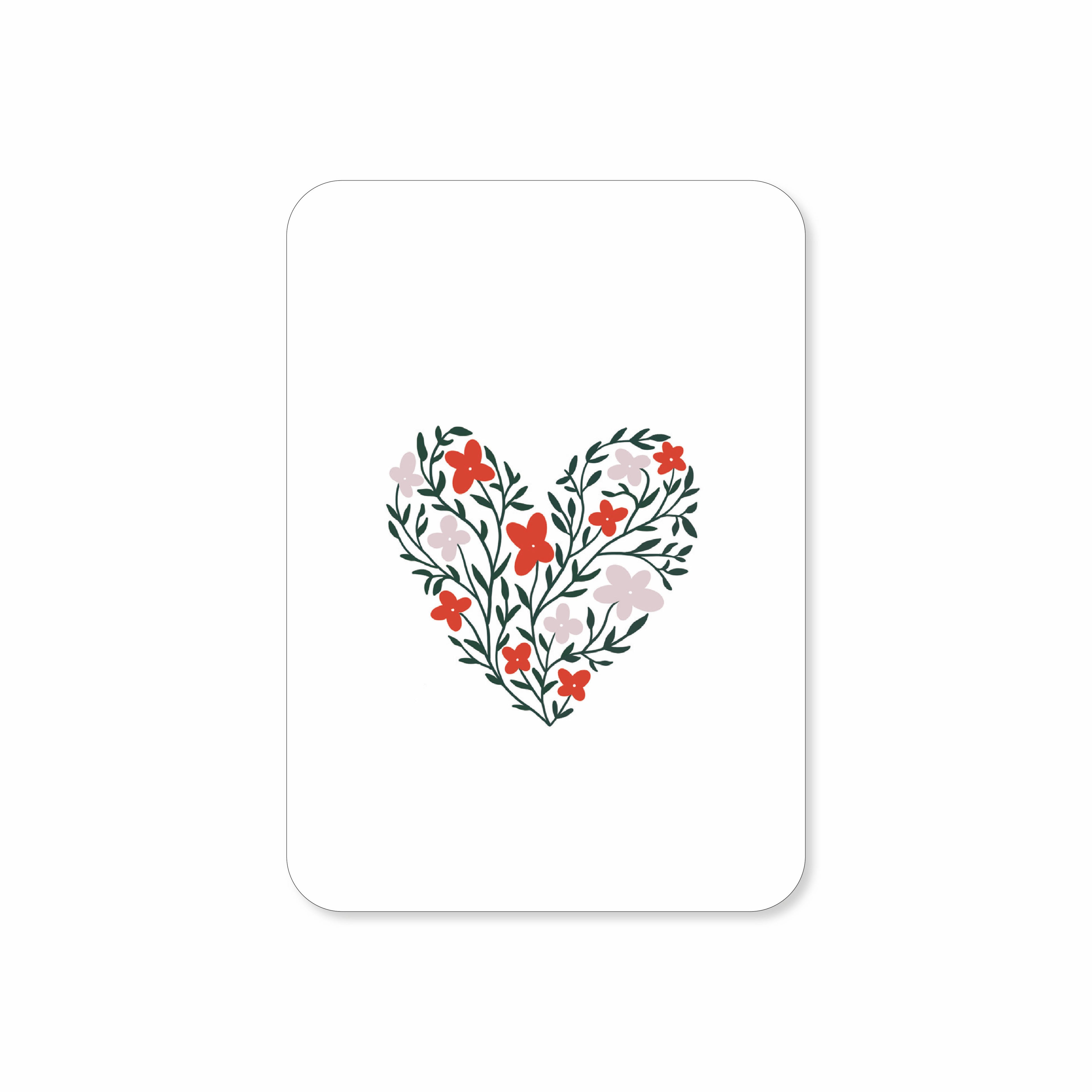 Minikaart met een illustratie van een hart gevuld met bloemen in verschillende kleuren.