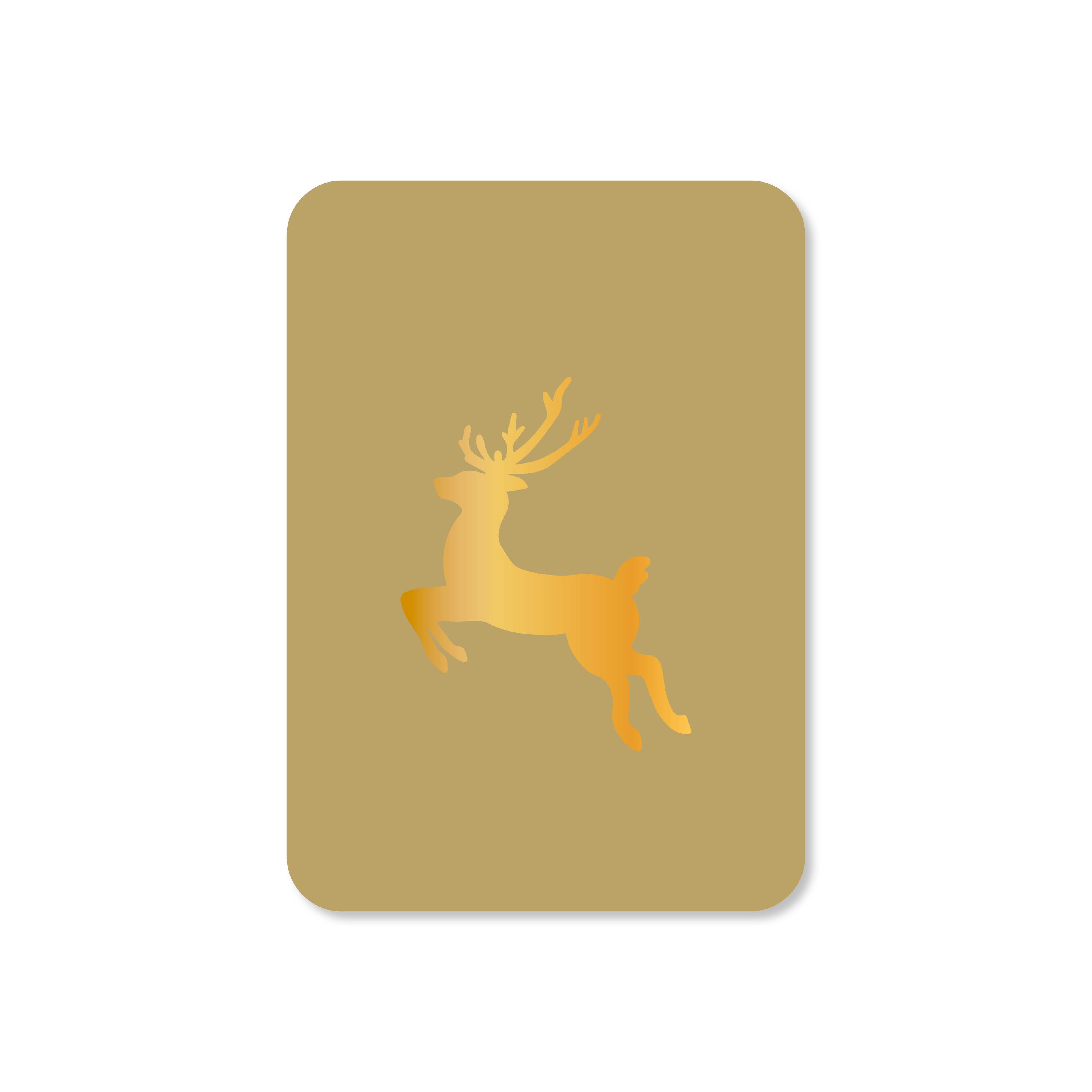 Minikaart in de kleur groen met een illustratie van een rendier in goudfolie.