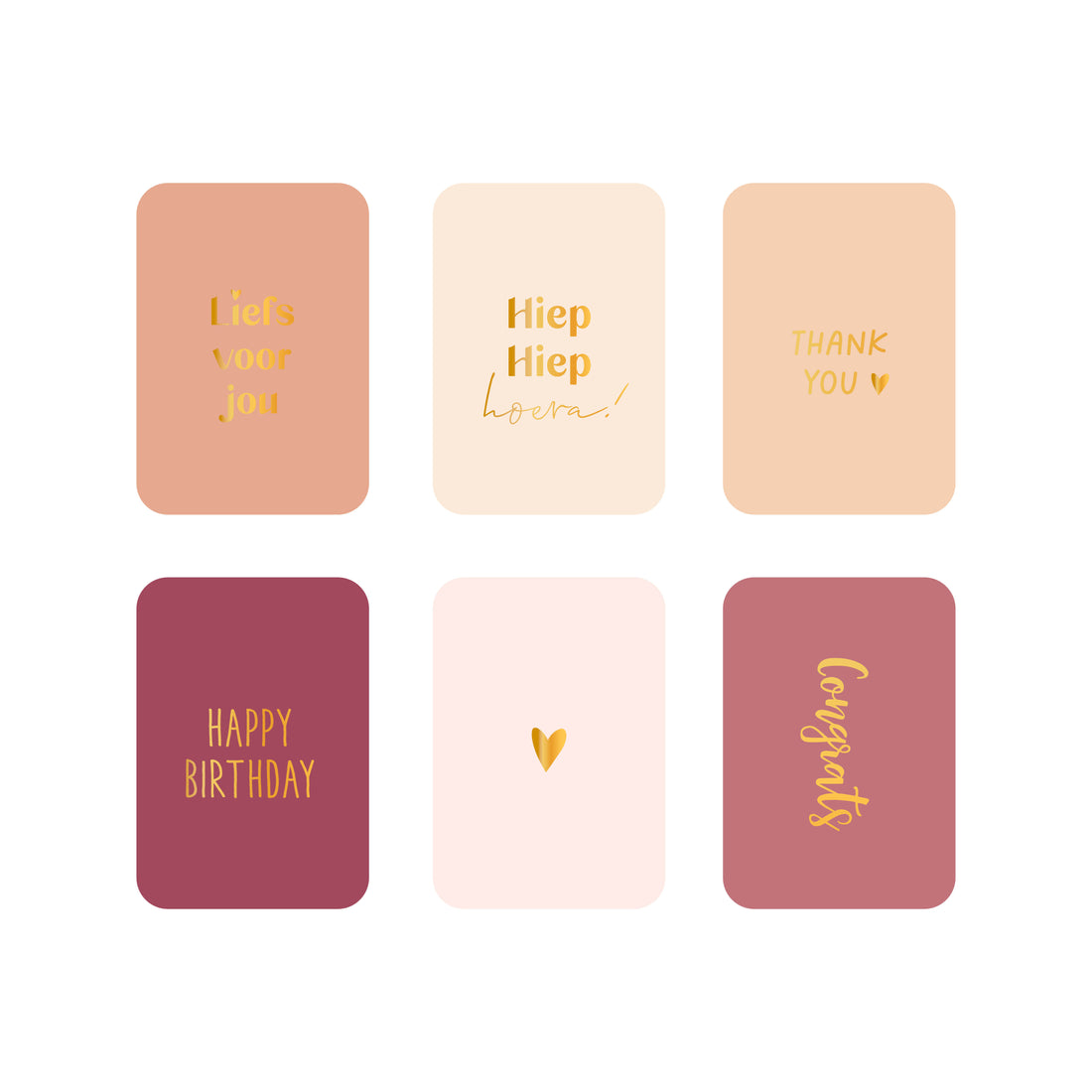 Set met 6 minikaarten met verschillende teksten en kleuren.