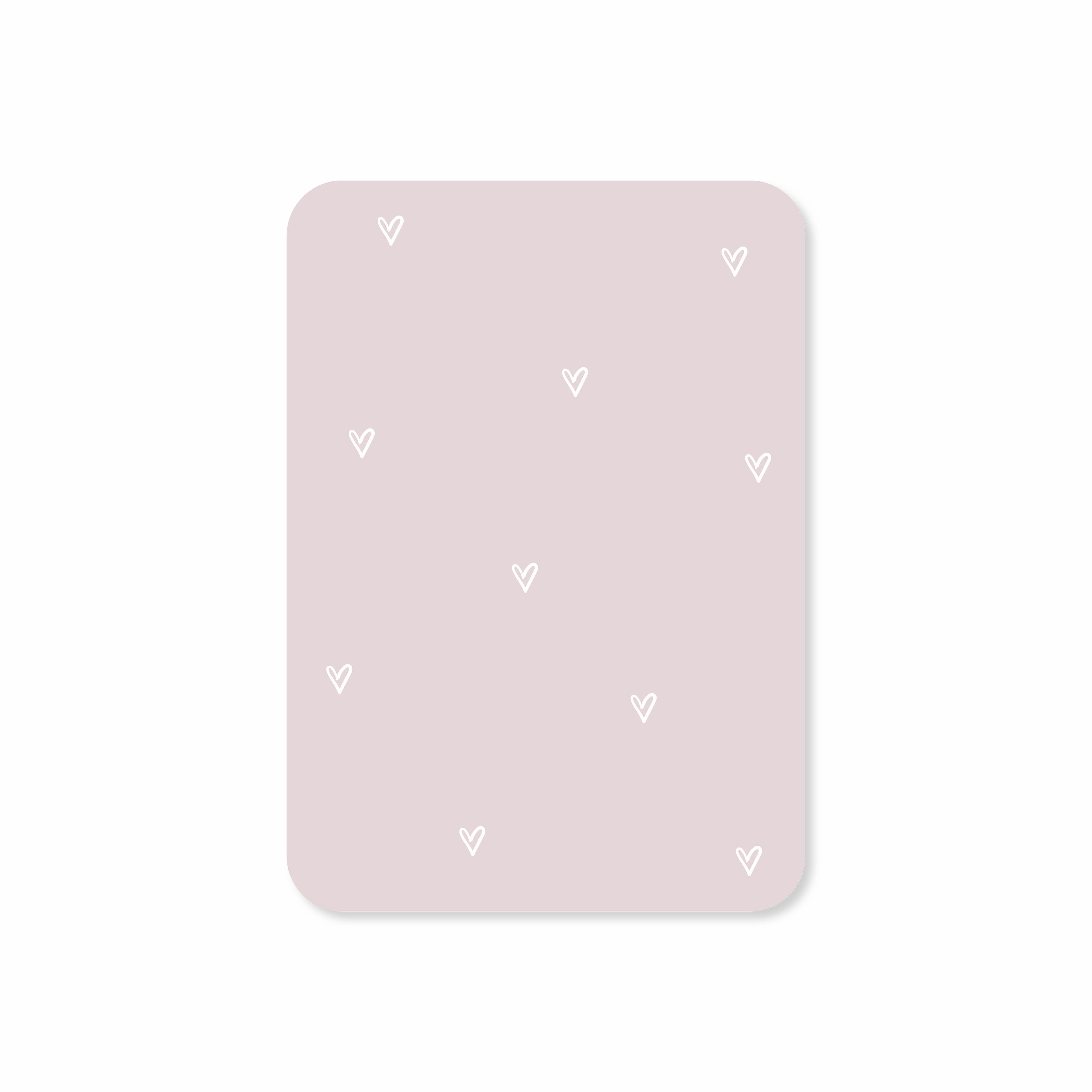 Minikaart in de kleur lila met een aantal kleine witte hartjes.