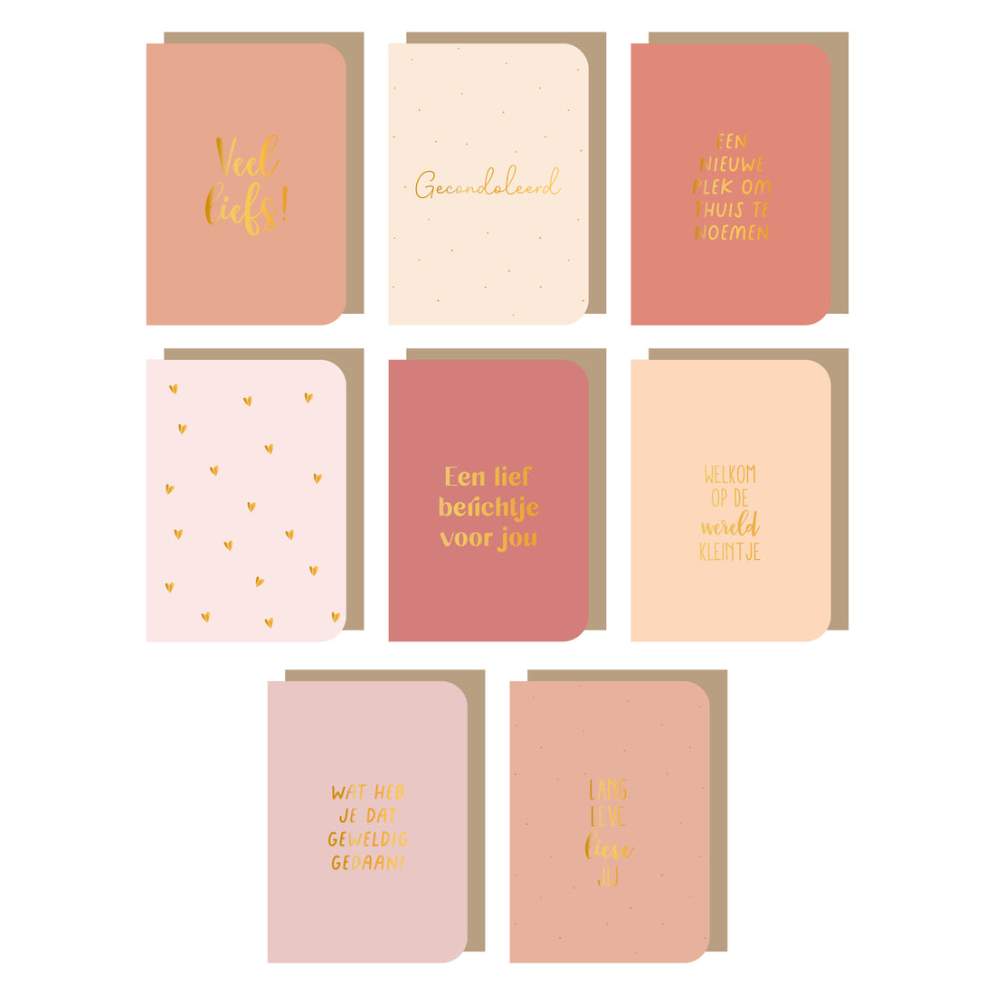 Set met diverse dubbele wenskaarten met verschillende teksten en kleuren.