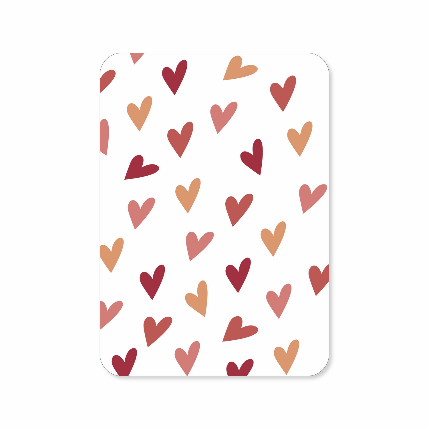 Valentijnskaart met een illustratie van hartjes in verschillende kleuren.