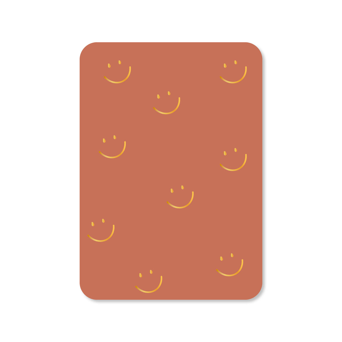 Wenskaart in de kleur rood met een illustratie van een smiley in het goudfolie.