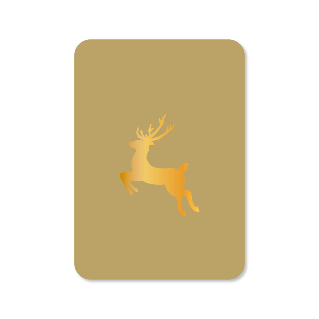 Kerstkaart met een illustratie van een rendier in de kleur groen met goudfolie.