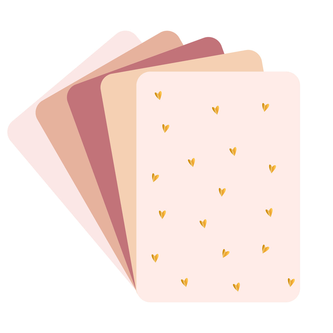 Kaartenset met 5 kaarten en enveloppen met verschillende kleuren en teksten.