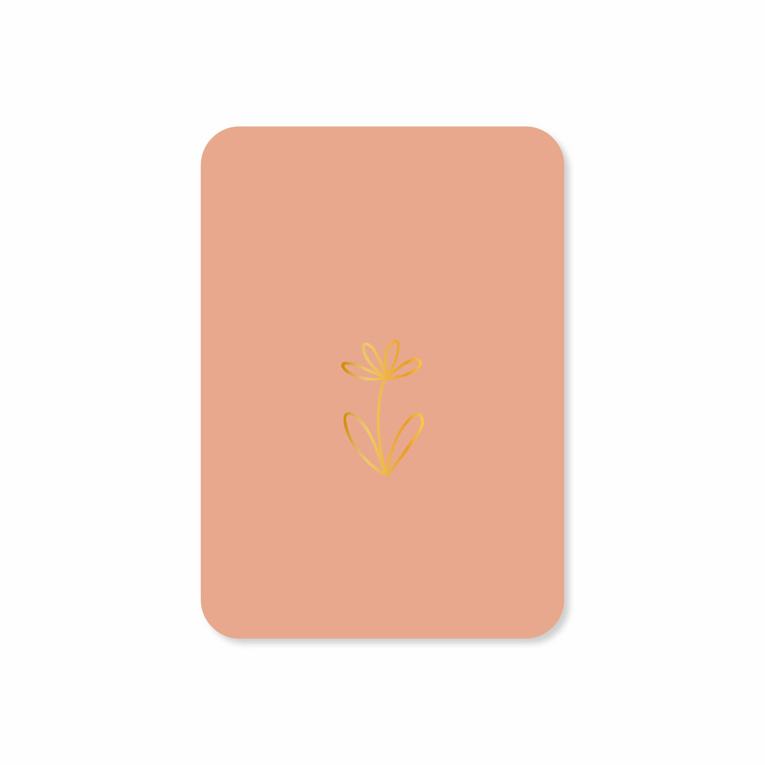 Minikaart in de kleur oranje een illustratie van een bloem in goudfolie.