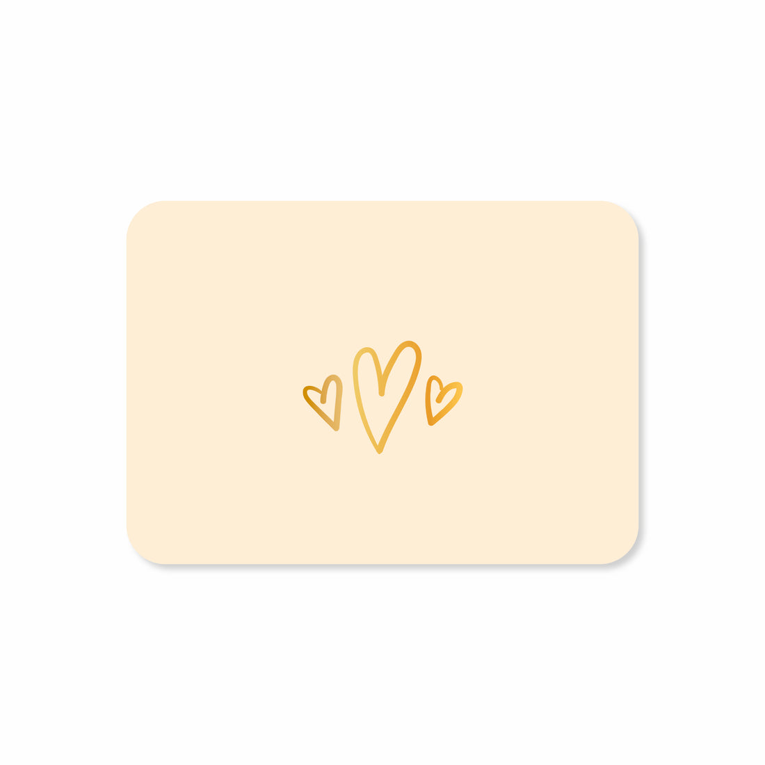 Minikaart in de kleur lichtgeel met een illustratie van drie hartjes in het goudfolie.