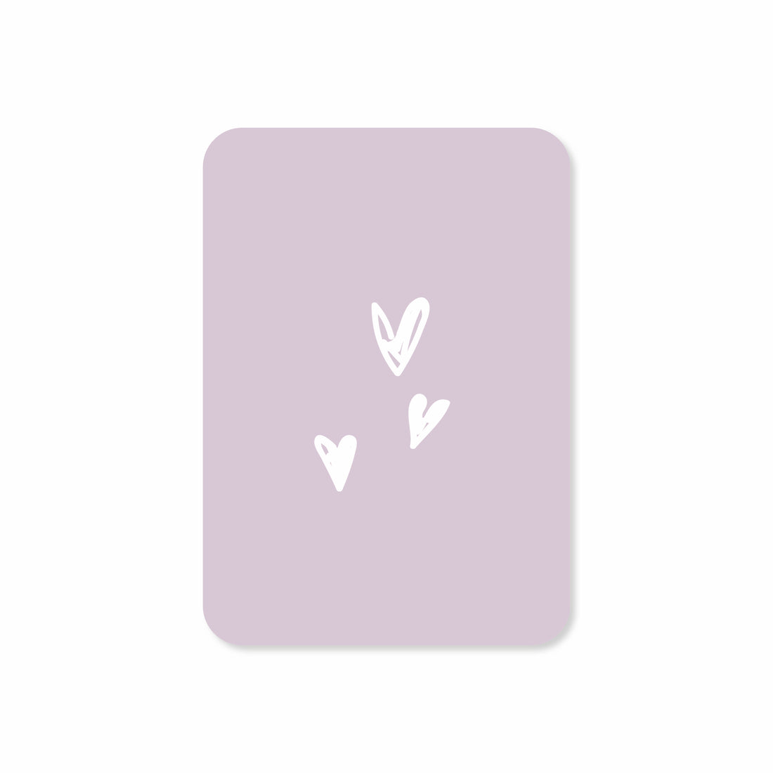 Minikaart in de kleur lila met een illustratie van drie hartjes.