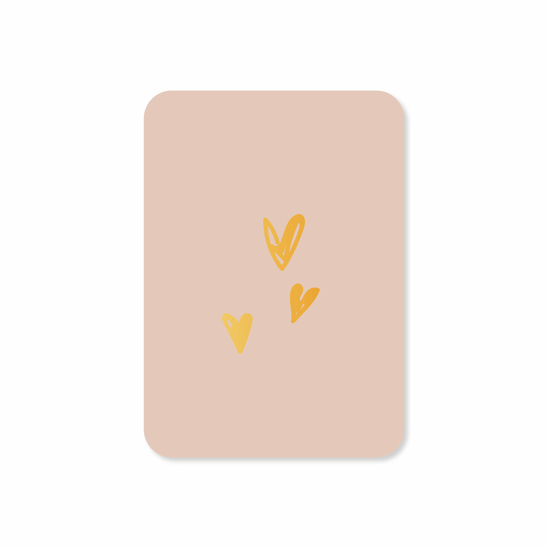 Minikaart in de kleur roze met een illustratie van drie hartjes in het goudfolie.